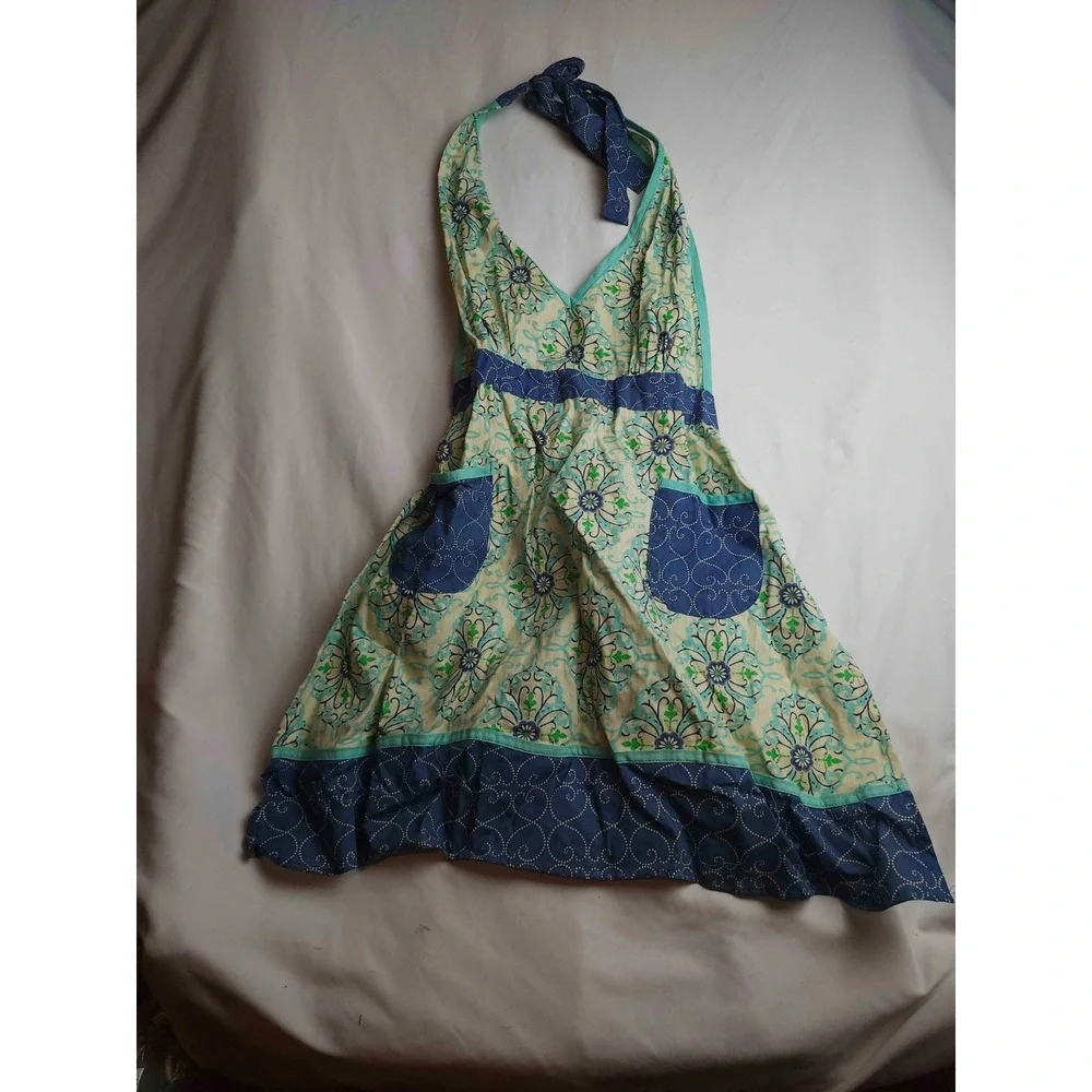 Now Designs Halter Apron Women Size One Size Blue Floral Woven Cooking Kitchen